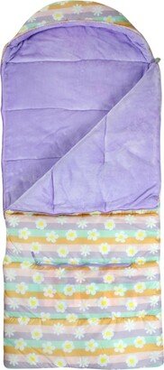 Mimish Sleep-n-Pack, 37 F Packable Kid's Sleeping Bag & Backpack, Outdoor Rated, 7-12 Yrs, Print Shell, Cozy Fleece Lined - Happy daisy stripes/ lilac