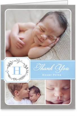 Thank You Cards: Wreath Monogram Boy Thank You Card, Blue, Matte, Folded Smooth Cardstock