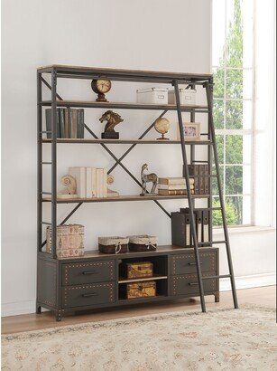 EDWINRAY 4-Tier Bookshelf, 2 Open Compartment Storage Racks with Rectangular Bookshelf and Rolling Ladder