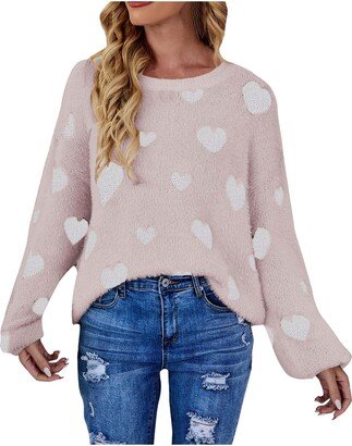 Zzalalana Womens Christmas Sweater Cute Heart Patterns Knitted Pullover Casual Fashion Long Sleeve Crew Neck Jumper Tops Pink