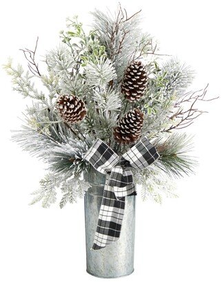 Frosted Greenery and Pinecone with Plaid Bow Artificial Christmas Arrangement in Decorative Tin, 28