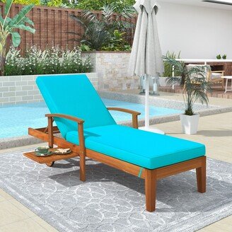 Aoolive Outdoor Solid Wood Chaise Lounge with Cushion, Wheels and Sliding Cup Table