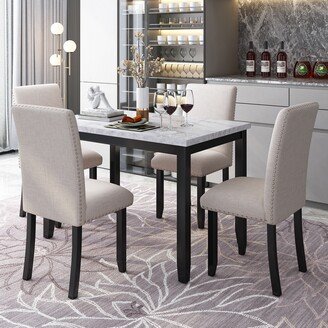 NINEDIN Modern 5-Piece Dining Table Set with Rectangular Marble Dining Table and Cushion Dining Chairs w/Nailhead for Livingroom