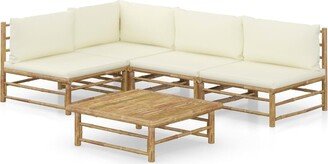 5 Piece Patio Lounge Set with Cream White Cushions Bamboo - 25.6 x 27.6 x 23.6-AA