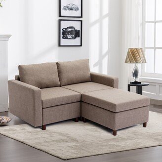 GREATPLANINC 61 inch Linen Fabric Sofa Couch for Living Room Apartment, Two Seater Modular Sectional Sofa with Seat Cushions and One Ottoman