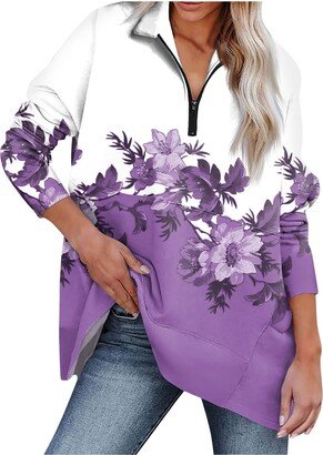 Generic Sweatshirts Plus Size Loose Fit Retro Floral Print Sweatshirt Half Zip Sweatshirts Long Sleeve Pullover purple 3X-Large