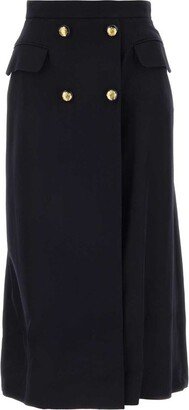 Pleated Button-Detailed Midi Skirt-AA