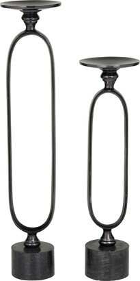 VIVIAN LUNE HOME Black Aluminum Paper Clip Pillar Candle Holder with Marble Base - Set of 2