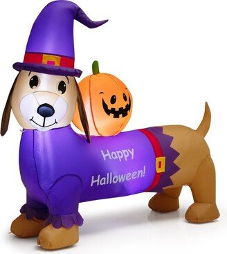 Tangkula 5FT Long Halloween Inflatable Dachshund Dog Blow Up Outdoor Wiener Dog w/Pumpkin & Witch Hat Cute Inflatable Dog Decoration Prop w/LED Lights