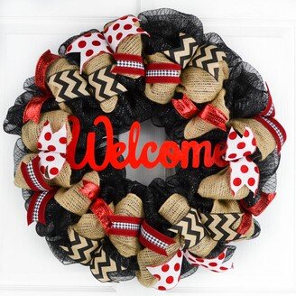 Black Red Wreath For Outdoors - Burlap Welcome Front Door Wreaths Anniversary Present, Gift, Natural, Brown, Everyday, Year Round