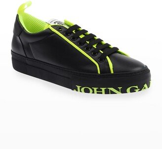 John Galliano Paris Men's Neon Logo Leather Low-Top Sneakers, Black