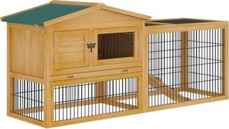 2 Levels Wooden Rabbit Hutch Bunny Hutch House Guinea Pig Cage with Run Space, Removable Tray, Ramp and Waterproof Roof for Outdoor, Yellow