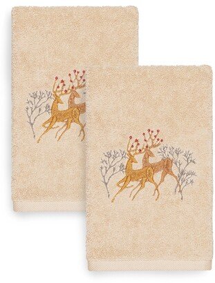 Christmas Deer Embroidered Luxury Turkish Cotton Hand Towels - Set of 2