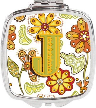 CJ2003-JSCM Letter J Floral Mustard & Green Compact Mirror