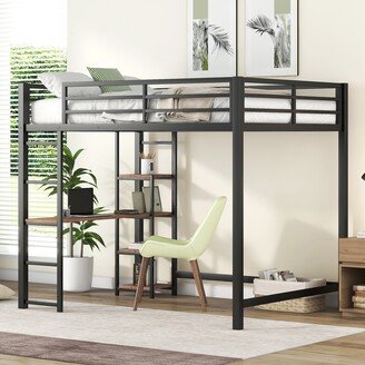 EDWINRAY Full Size Metal Loft Bed with Built-in Desk and Storage Shelves