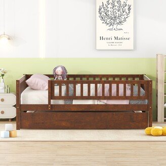 EDWINRAY Sturdy Full Size Wood Daybed with Trundle and Fence Guardrails, Walnut