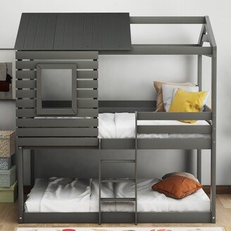 Aoolive Twin Over Twin Bunk Bed Loft Bed with Roof Window Guardrail Ladder