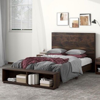 Tiramisubest Walnut Wood Platform Bed with Storage Bench