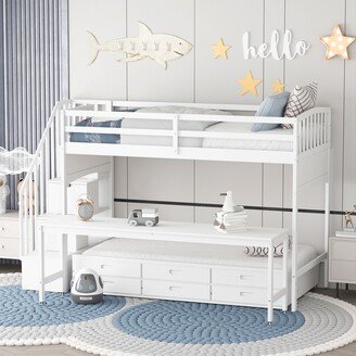 Twin XL Size Stairway Loft Bed with Twin Size Trundle, Drawers, Storage and Desk