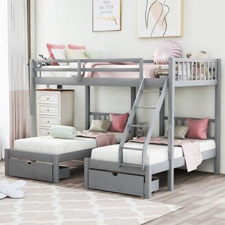 Aoolive Full Over Twin & Twin Bunk Bed, Wood Triple Bunk Bed with Drawers and Guardrails