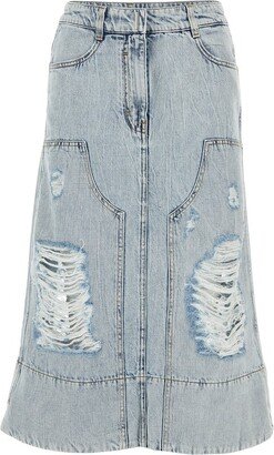 Destroyed-Effect Midi Denim Skirt