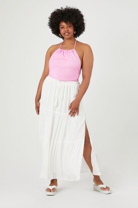 Women's Gauze Tiered Slit Maxi Skirt in White, 1X