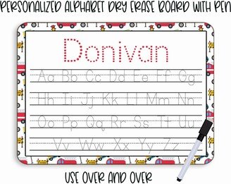 Personalized Reusable Alphabet Practice Trace Board | Dry Erase With Black Pen Included Home School Tools Fire Trucks