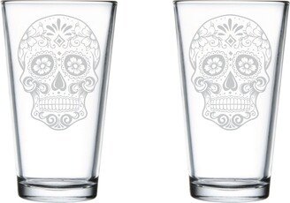 Sugar Skull - Pint Glass - Set Of 2 - Day The Dead-Gift - Gift For Him - Her - Christmas