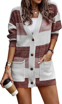 PRETTYGARDEN Women's Color Block Cardigan Long Sleeve Open Front Button Down Knit Sweater Coat with Pockets (Brick Red