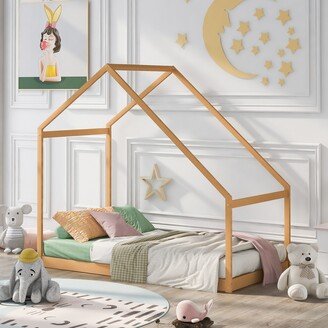 GREATPLANINC Wooden Twin Size Floor Bed with Roof, Montessori Platform Bed for Kids
