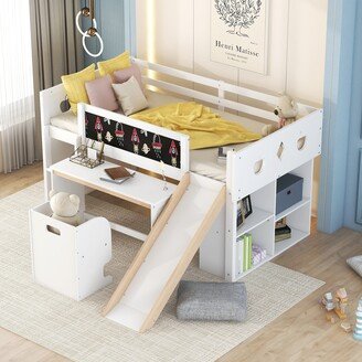 Calnod White Twin Loft Bed with Slide, Cabinets, Desk, Chair