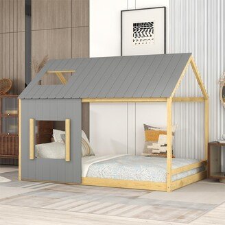 GEROJO Gray+Natural Whimsical Pine Wood Full House Bed with Roof and Window, Can be Decorated, No Box Spring Required