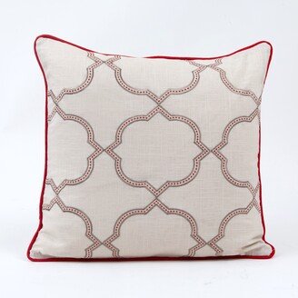 Embroidered Ogee Pillow Cover, Light Beige & Red Decorative Beaded Diamond Accent Cover