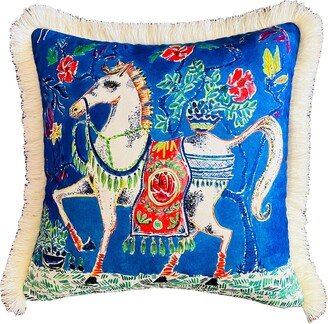 White Horse Pattern Throw Pillow - Blue Velvet Case Cream Tassel Cushion Unique Handmade Painting Animal Print