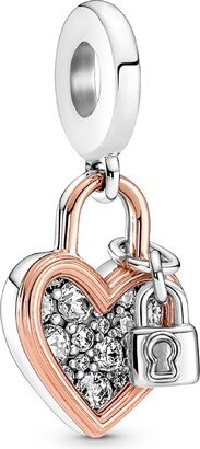 Cubic Zirconia Heart Padlock Double Dangle Charm