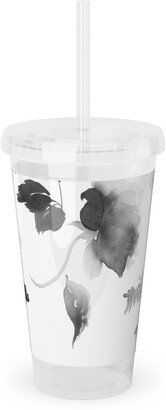 Travel Mugs: Spring Beginning - Black And White Acrylic Tumbler With Straw, 16Oz, White