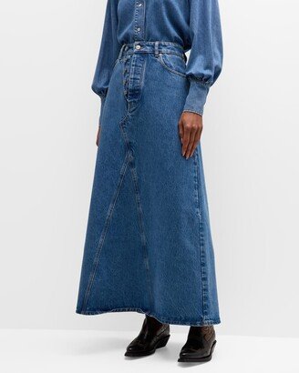 Dyed Button-Fly Denim Maxi Skirt