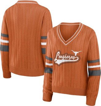 Women's Wear by Erin Andrews Texas Orange Texas Longhorns Script Sleeve Stripe V-Neck Pullover Sweater