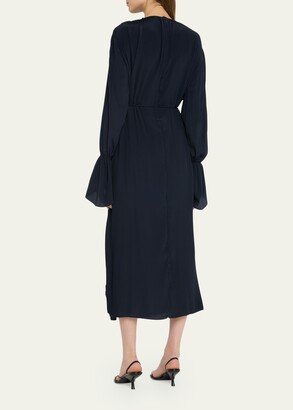 Pleated Flounce-Cuff Midi Dress