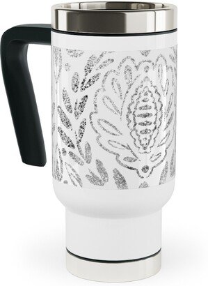 Travel Mugs: Distressed Damask Leaves - Grey Travel Mug With Handle, 17Oz, Gray