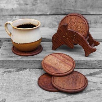 Store Indya Wooden Coasters with Dolphin Shape Holder for Tea Coffee Beer Wine Glass (Set of 6)