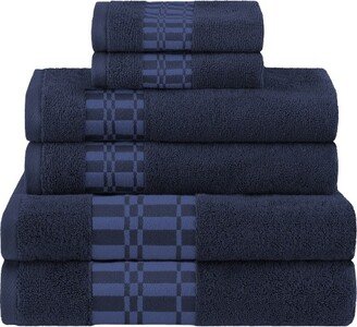 100% Cotton Medium Weight Geometric Border 6 Piece Assorted Bathroom Towel Set, Navy Blue - Blue Nile Mills