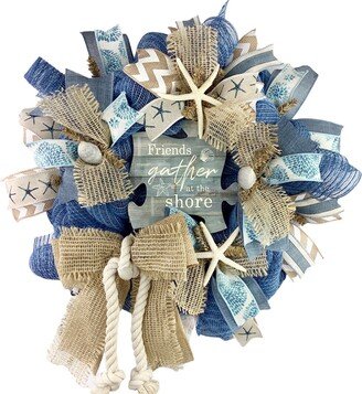 Friends Gather At The Shore Beautiful Blue Burlap Beach, Coastal, Nautical Wreath, Beach Decorations For Front Door