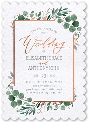 Wedding Invitations: Brushed Botanicals Wedding Invitation, White, Rose Gold Foil, 5X7, Pearl Shimmer Cardstock, Scallop