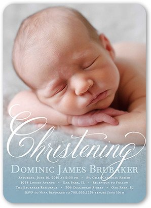 Baptism Invitations: Charming Script Boy Baptism Invitation, Blue, Standard Smooth Cardstock, Rounded