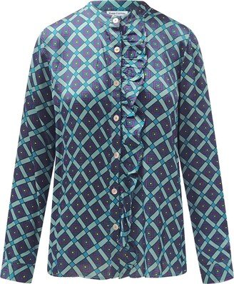 Haris Cotton Blue Net Ruffle Trim Button Front Printed Shirt