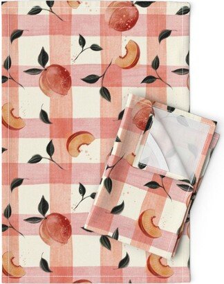 Pink Peaches Tea Towels | Set Of 2 - Retro Gingham By Rebelform Vintage Summer Fruit Linen Cotton Spoonflower