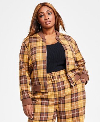 Nina Parker Trendy Plus Size Plaid Bomber Jacket