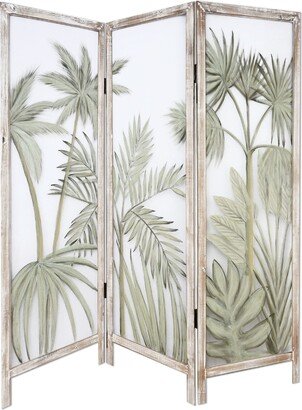 63 Inch 3 Panel Screen Room Divider, Painted Leaves, Wood Frame, Green