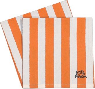 Kate Austin Designs Set Of Eight Organic Cotton Cloth Napkins In Orange And White Cabana Stripe Block Print